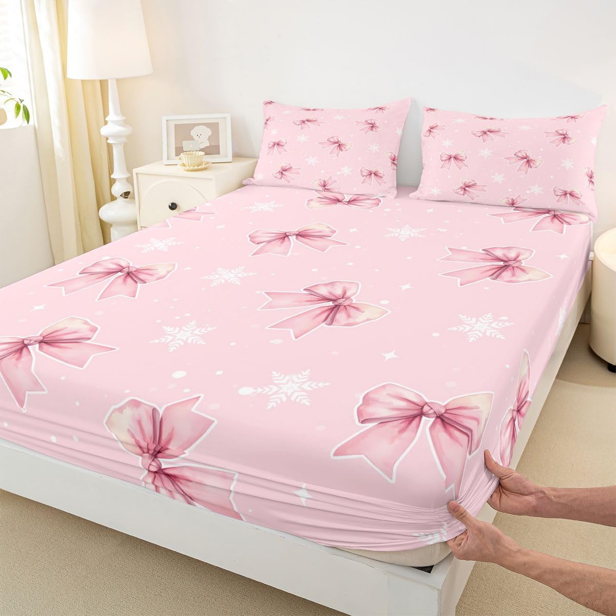 Girly Coquette Bowknots 3pc Bedding Set French Style Dots Deep Pocket Bed Cover for Kids Boys Girls Princess Style Sheet Set(Full Flat & Fitted Sheet with 2 Pillow Cases),Peach Pink