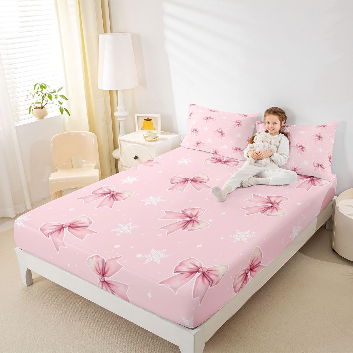 Girly Coquette Bowknots 3pc Bedding Set French Style Dots Deep Pocket Bed Cover for Kids Boys Girls Princess Style Sheet Set(Full Flat & Fitted Sheet with 2 Pillow Cases),Peach Pink