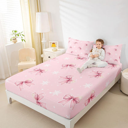 Girly Coquette Bowknots 3pc Bedding Set French Style Dots Deep Pocket Bed Cover for Kids Boys Girls Princess Style Sheet Set(Full Flat & Fitted Sheet with 2 Pillow Cases),Peach Pink