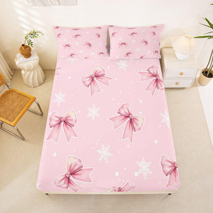 Girly Coquette Bowknots 3pc Bedding Set French Style Dots Deep Pocket Bed Cover for Kids Boys Girls Princess Style Sheet Set(Full Flat & Fitted Sheet with 2 Pillow Cases),Peach Pink