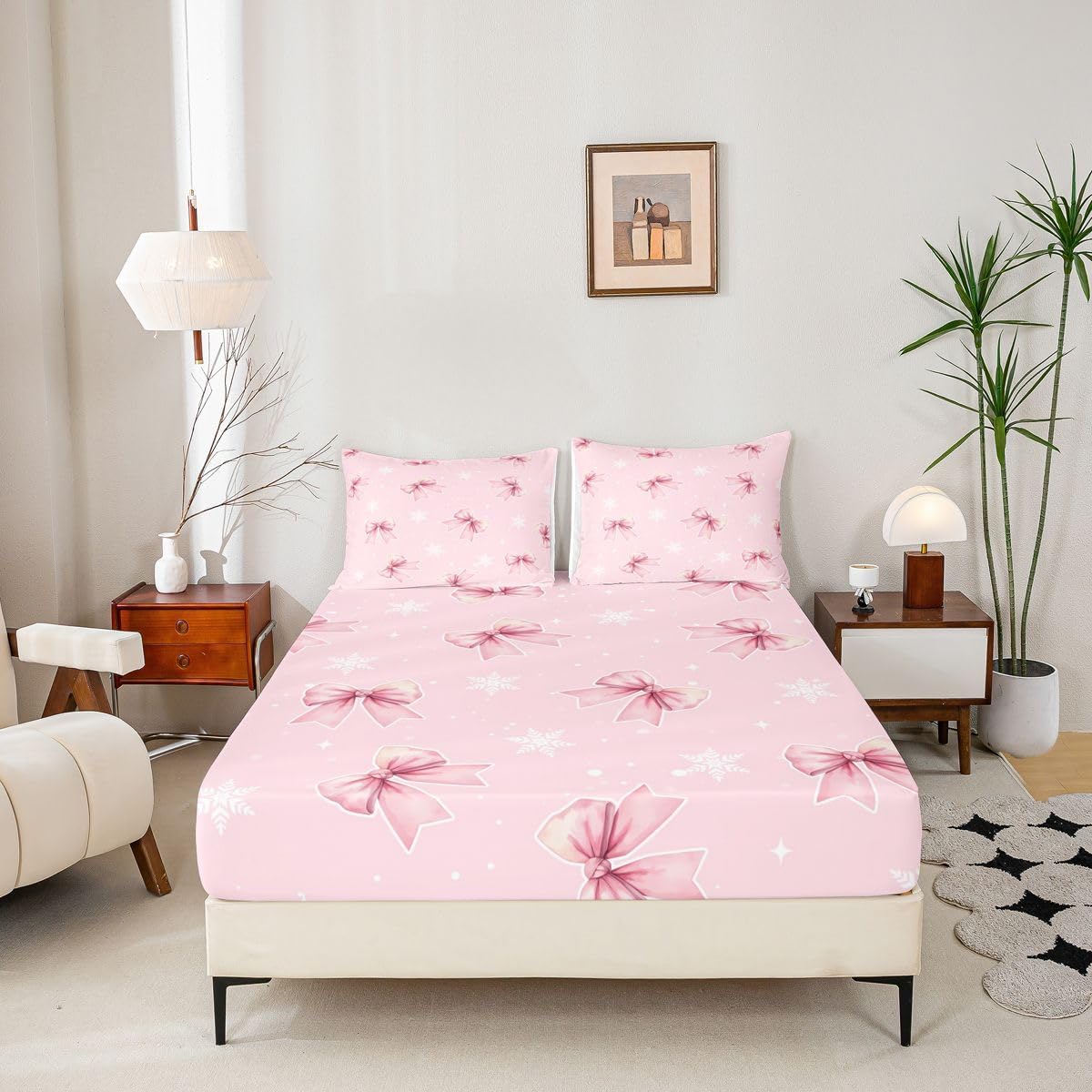 Girly Coquette Bowknots 3pc Bedding Set French Style Dots Deep Pocket Bed Cover for Kids Boys Girls Princess Style Sheet Set(Full Flat & Fitted Sheet with 2 Pillow Cases),Peach Pink