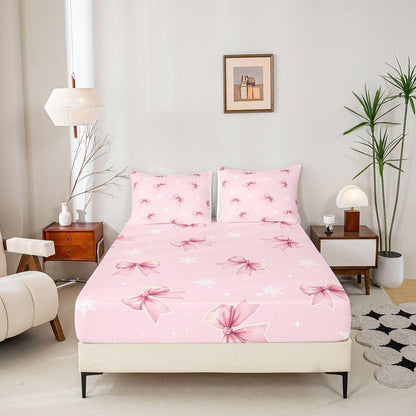Girly Coquette Bowknots 3pc Bedding Set French Style Dots Deep Pocket Bed Cover for Kids Boys Girls Princess Style Sheet Set(Full Flat & Fitted Sheet with 2 Pillow Cases),Peach Pink