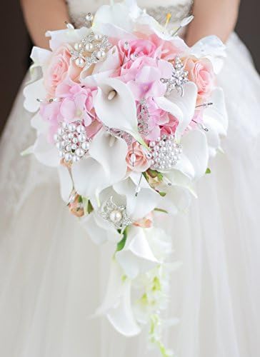 IFFO Calla Lilies 11-inch Simulation Rose Diamonds Pearl Bride Wedding Bouquet Wedding Anniversary, Bridal Shower, French Country Bouquet (Pink)