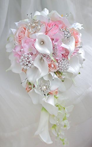 IFFO Calla Lilies 11-inch Simulation Rose Diamonds Pearl Bride Wedding Bouquet Wedding Anniversary, Bridal Shower, French Country Bouquet (Pink)