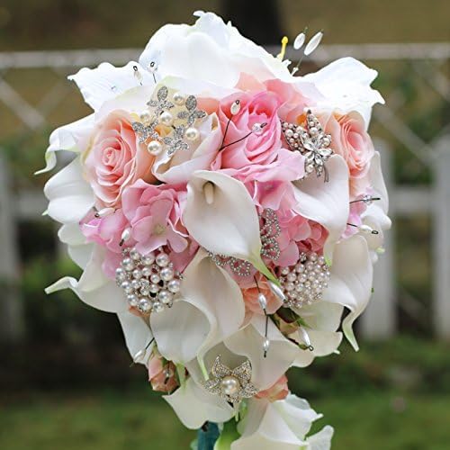IFFO Calla Lilies 11-inch Simulation Rose Diamonds Pearl Bride Wedding Bouquet Wedding Anniversary, Bridal Shower, French Country Bouquet (Pink)