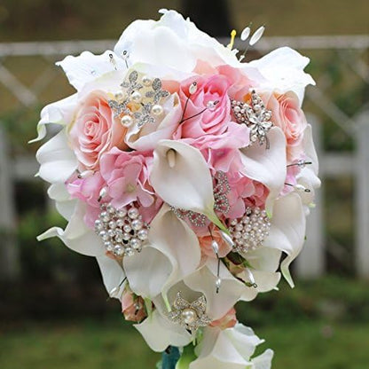 IFFO Calla Lilies 11-inch Simulation Rose Diamonds Pearl Bride Wedding Bouquet Wedding Anniversary, Bridal Shower, French Country Bouquet (Pink)