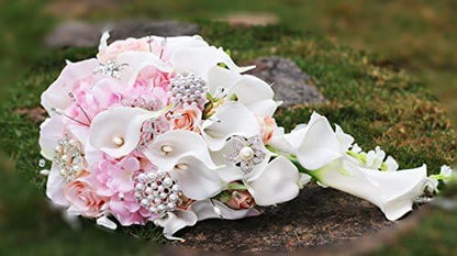 IFFO Calla Lilies 11-inch Simulation Rose Diamonds Pearl Bride Wedding Bouquet Wedding Anniversary, Bridal Shower, French Country Bouquet (Pink)