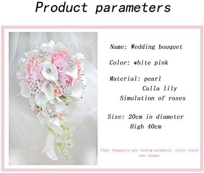IFFO Calla Lilies 11-inch Simulation Rose Diamonds Pearl Bride Wedding Bouquet Wedding Anniversary, Bridal Shower, French Country Bouquet (Pink)