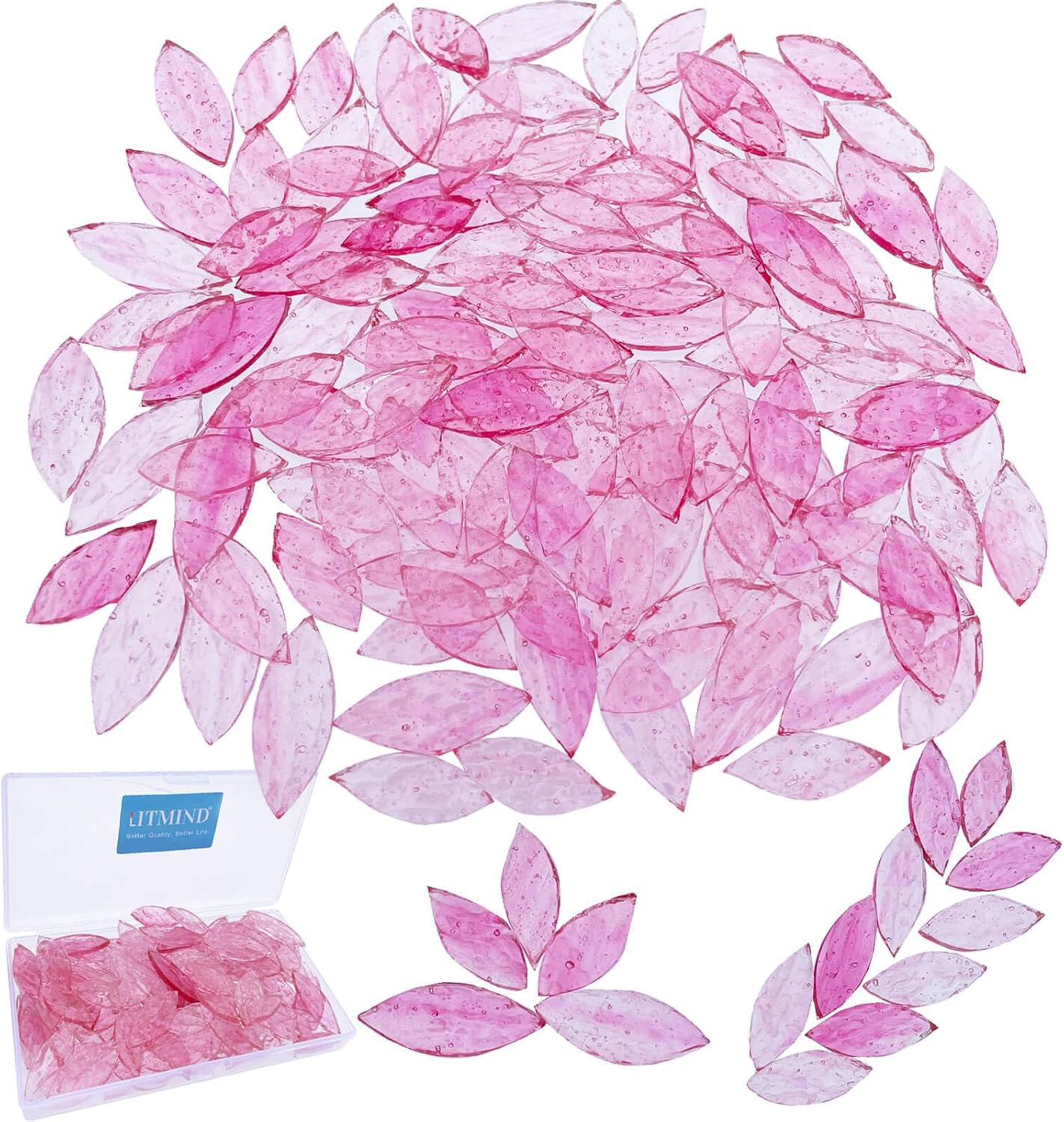 120 Pieces Pink Textured Transparent Mosaic Glass Petals & Leaves in 2 Sizes, Hand-Cut Stained Glass Mosaic Tiles for Crafts - Ideal for Mosaic Art Projects and Home Décor