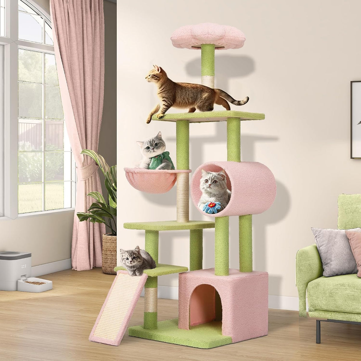 Tall Flower Cat Tree Tower with Detachable Perch, 65in Cute Cat Climbing Tower for Indoor Cats with Cat Condo, Basket, Tunnel, Sisal Scratching Posts and Board, Pink and Green
