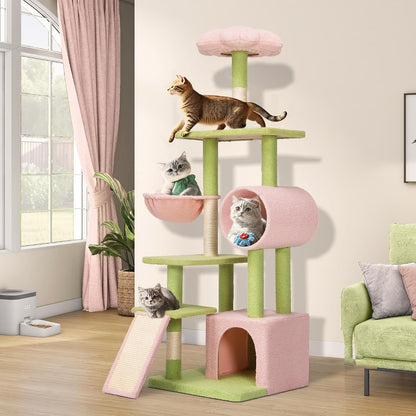 Tall Flower Cat Tree Tower with Detachable Perch, 65in Cute Cat Climbing Tower for Indoor Cats with Cat Condo, Basket, Tunnel, Sisal Scratching Posts and Board, Pink and Green