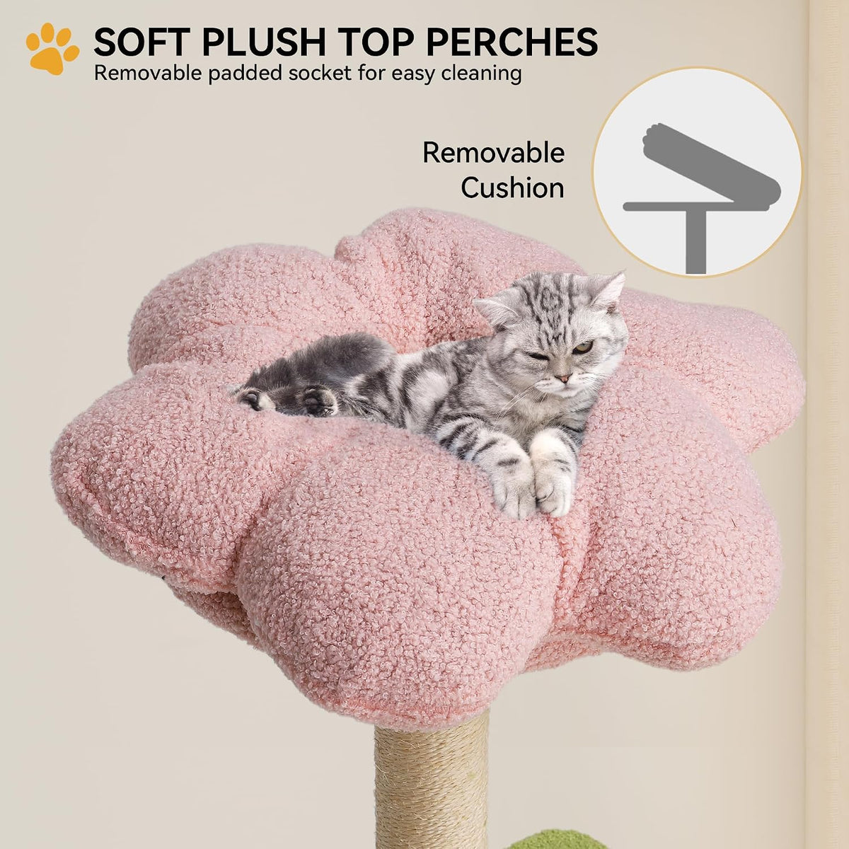 Tall Flower Cat Tree Tower with Detachable Perch, 65in Cute Cat Climbing Tower for Indoor Cats with Cat Condo, Basket, Tunnel, Sisal Scratching Posts and Board, Pink and Green