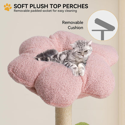 Tall Flower Cat Tree Tower with Detachable Perch, 65in Cute Cat Climbing Tower for Indoor Cats with Cat Condo, Basket, Tunnel, Sisal Scratching Posts and Board, Pink and Green