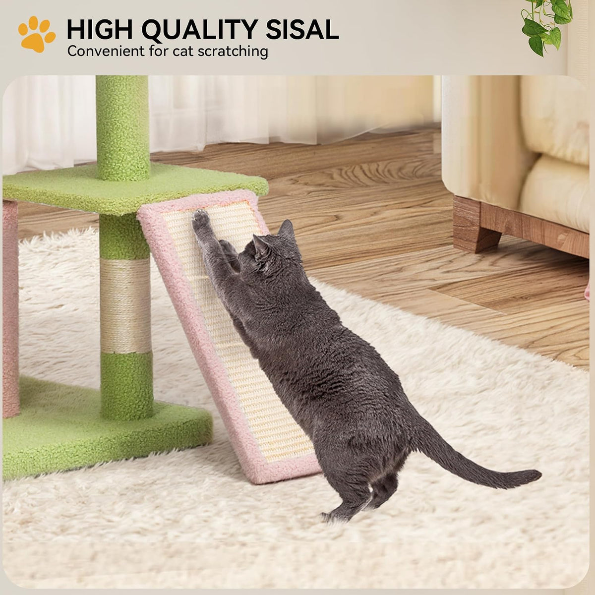 Tall Flower Cat Tree Tower with Detachable Perch, 65in Cute Cat Climbing Tower for Indoor Cats with Cat Condo, Basket, Tunnel, Sisal Scratching Posts and Board, Pink and Green