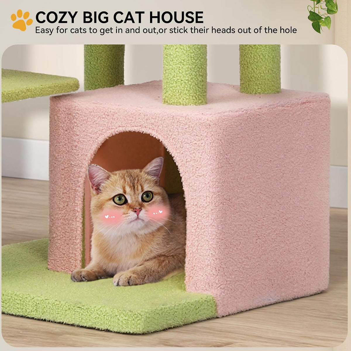 Tall Flower Cat Tree Tower with Detachable Perch, 65in Cute Cat Climbing Tower for Indoor Cats with Cat Condo, Basket, Tunnel, Sisal Scratching Posts and Board, Pink and Green