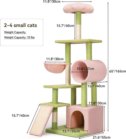 Tall Flower Cat Tree Tower with Detachable Perch, 65in Cute Cat Climbing Tower for Indoor Cats with Cat Condo, Basket, Tunnel, Sisal Scratching Posts and Board, Pink and Green