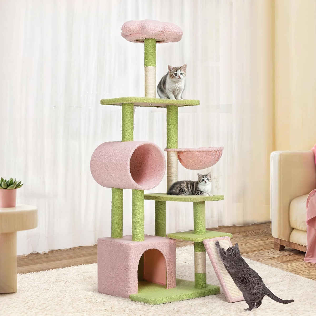 Tall Flower Cat Tree Tower with Detachable Perch, 65in Cute Cat Climbing Tower for Indoor Cats with Cat Condo, Basket, Tunnel, Sisal Scratching Posts and Board, Pink and Green