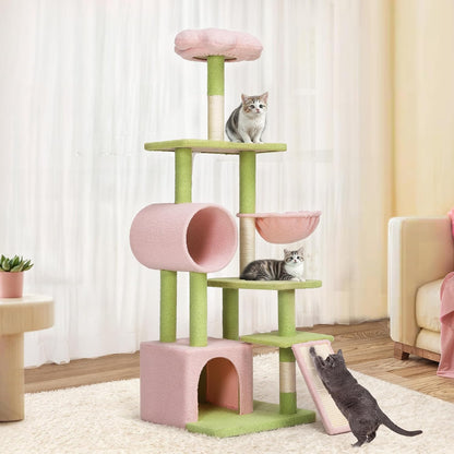 Tall Flower Cat Tree Tower with Detachable Perch, 65in Cute Cat Climbing Tower for Indoor Cats with Cat Condo, Basket, Tunnel, Sisal Scratching Posts and Board, Pink and Green