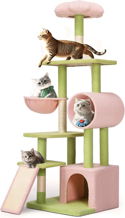 Tall Flower Cat Tree Tower with Detachable Perch, 65in Cute Cat Climbing Tower for Indoor Cats with Cat Condo, Basket, Tunnel, Sisal Scratching Posts and Board, Pink and Green