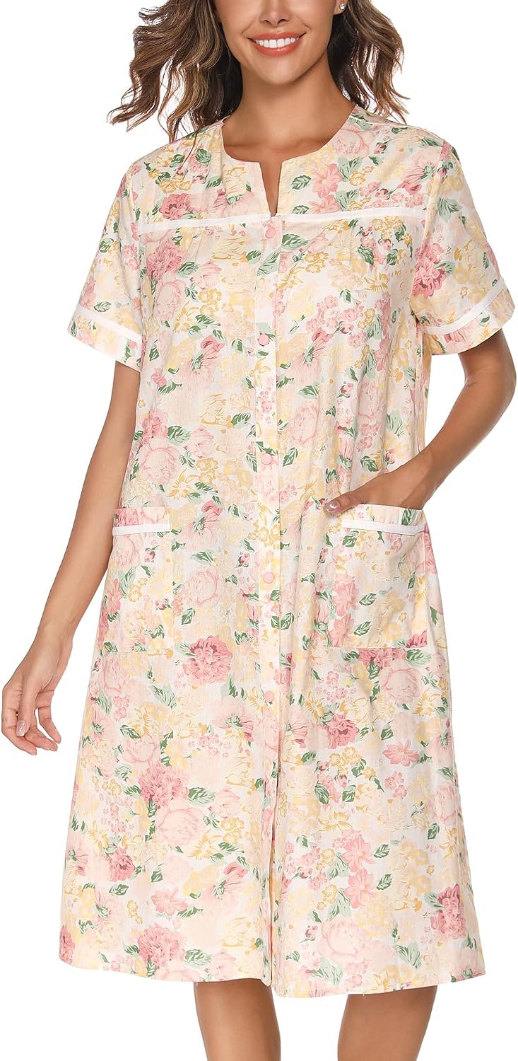 House Dress Womens Embroidered Housecoat Short Sleeve Duster Robe with Front Pockets S-3XL