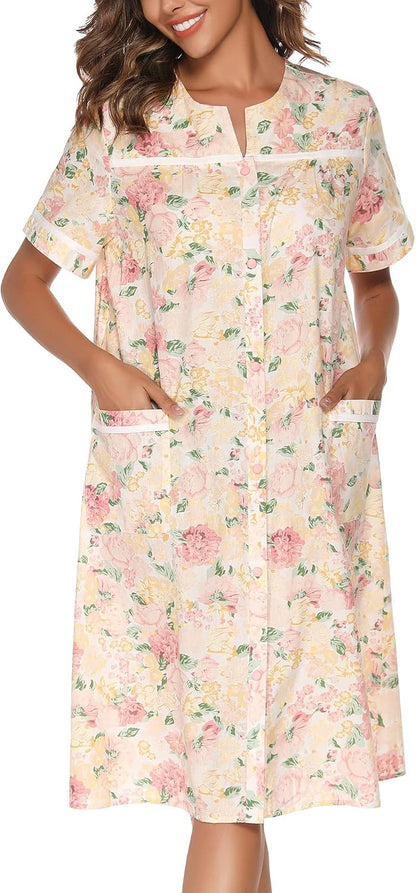 House Dress Womens Embroidered Housecoat Short Sleeve Duster Robe with Front Pockets S-3XL