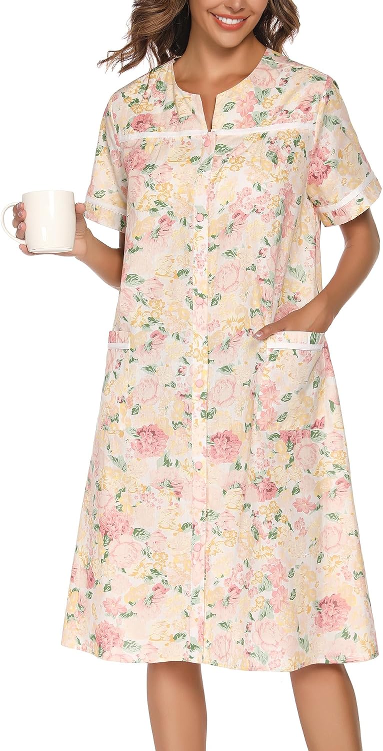 House Dress Womens Embroidered Housecoat Short Sleeve Duster Robe with Front Pockets S-3XL