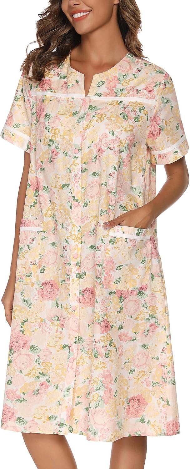House Dress Womens Embroidered Housecoat Short Sleeve Duster Robe with Front Pockets S-3XL