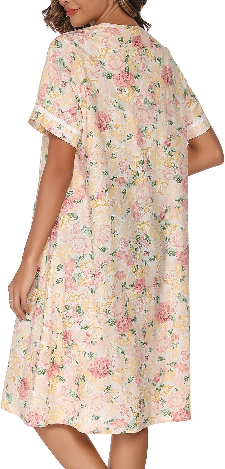 House Dress Womens Embroidered Housecoat Short Sleeve Duster Robe with Front Pockets S-3XL