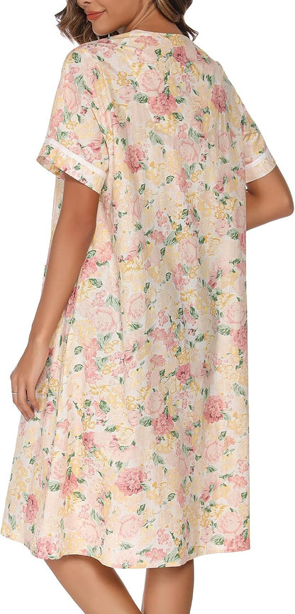 House Dress Womens Embroidered Housecoat Short Sleeve Duster Robe with Front Pockets S-3XL
