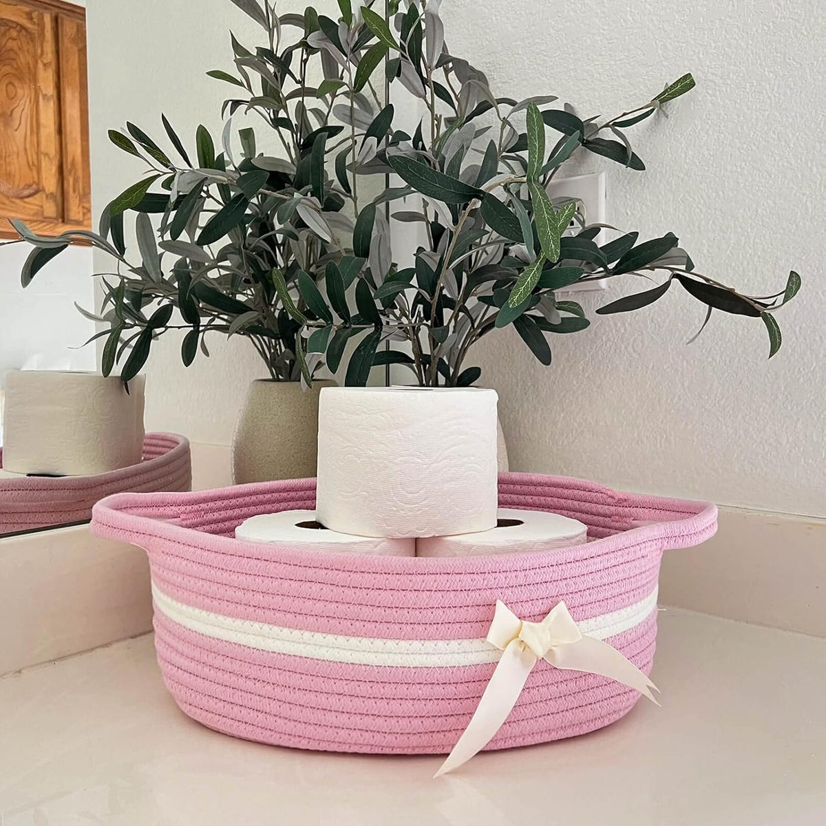 Small Woven Rope Gift Basket, Decorative Shelf Basket, Pink