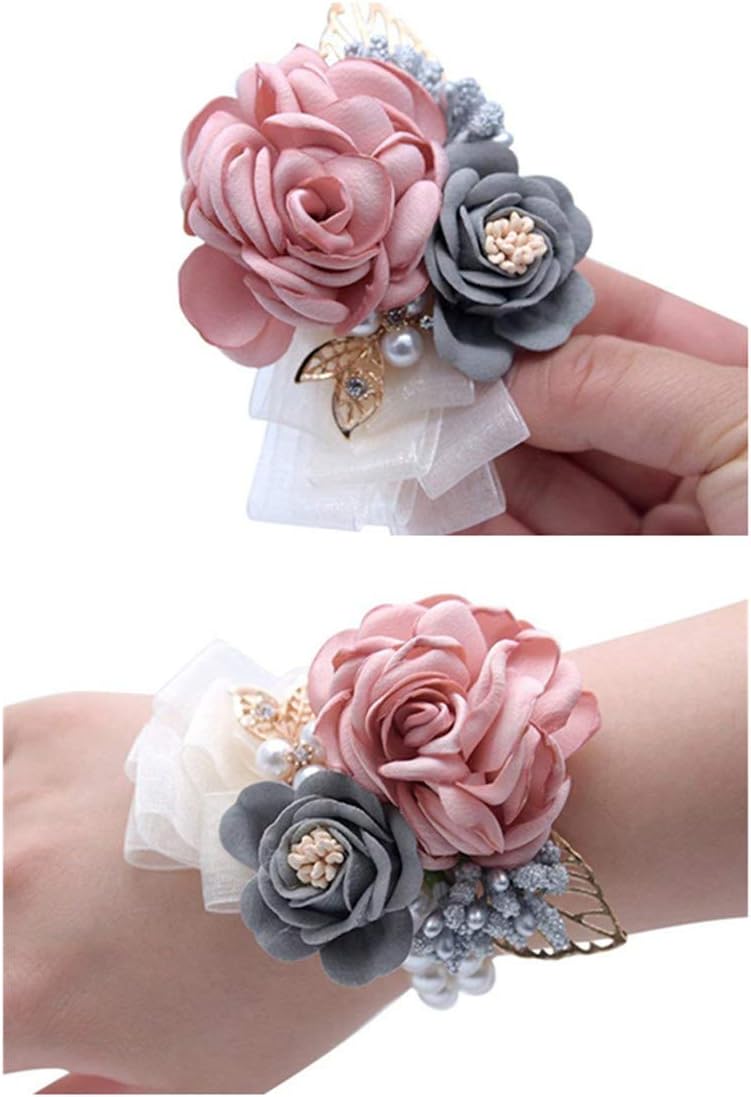 Rose Wedding Wrist Corsage and Boutonniere Set Party Prom Hand Ribbon Flower Suit Decor (Champagne Pink)
