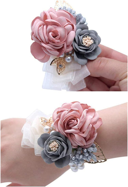 Rose Wedding Wrist Corsage and Boutonniere Set Party Prom Hand Ribbon Flower Suit Decor (Champagne Pink)