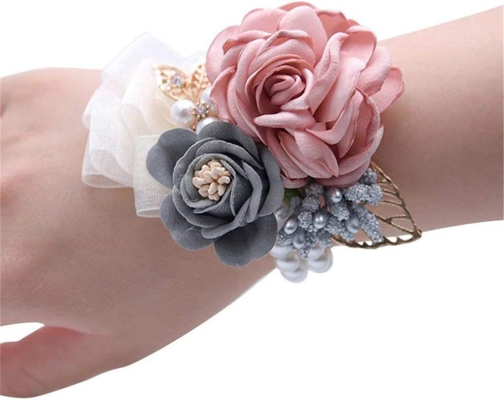 Rose Wedding Wrist Corsage and Boutonniere Set Party Prom Hand Ribbon Flower Suit Decor (Champagne Pink)