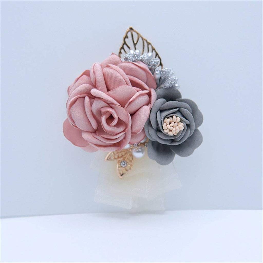 Rose Wedding Wrist Corsage and Boutonniere Set Party Prom Hand Ribbon Flower Suit Decor (Champagne Pink)