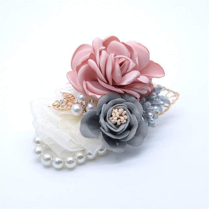 Rose Wedding Wrist Corsage and Boutonniere Set Party Prom Hand Ribbon Flower Suit Decor (Champagne Pink)