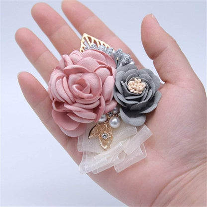 Rose Wedding Wrist Corsage and Boutonniere Set Party Prom Hand Ribbon Flower Suit Decor (Champagne Pink)