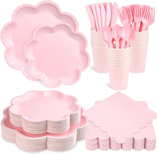 350 Pcs Pink Paper Plates and Napkins Set, Tableware Set for 50 Guests