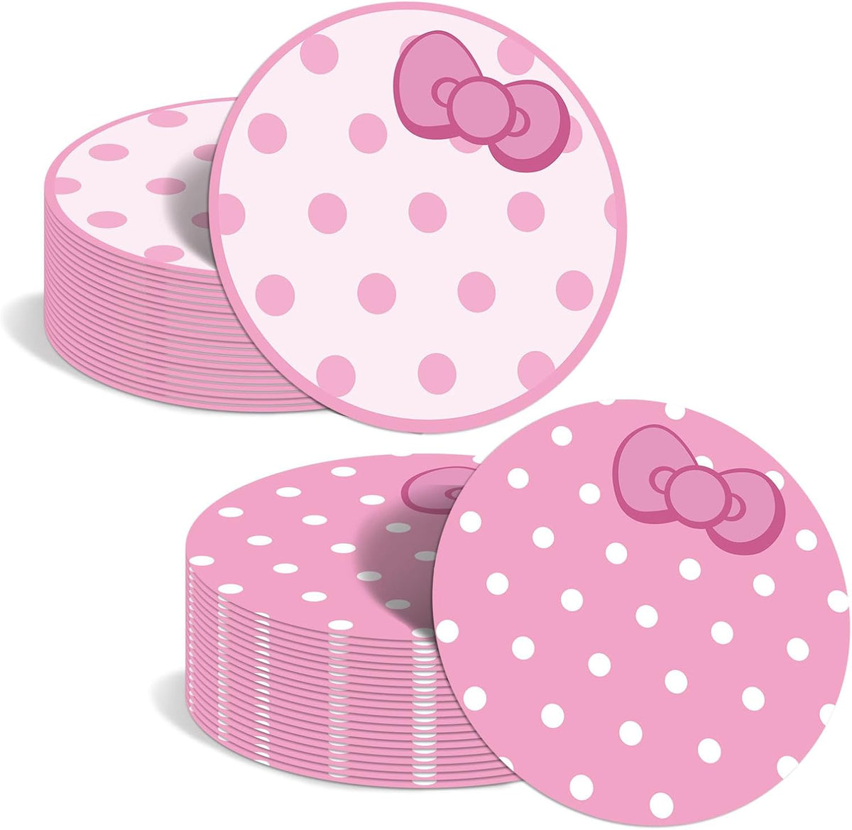 50 Pack Disposable Polka Dots Cute Bow Pink Round Paper Place Mats