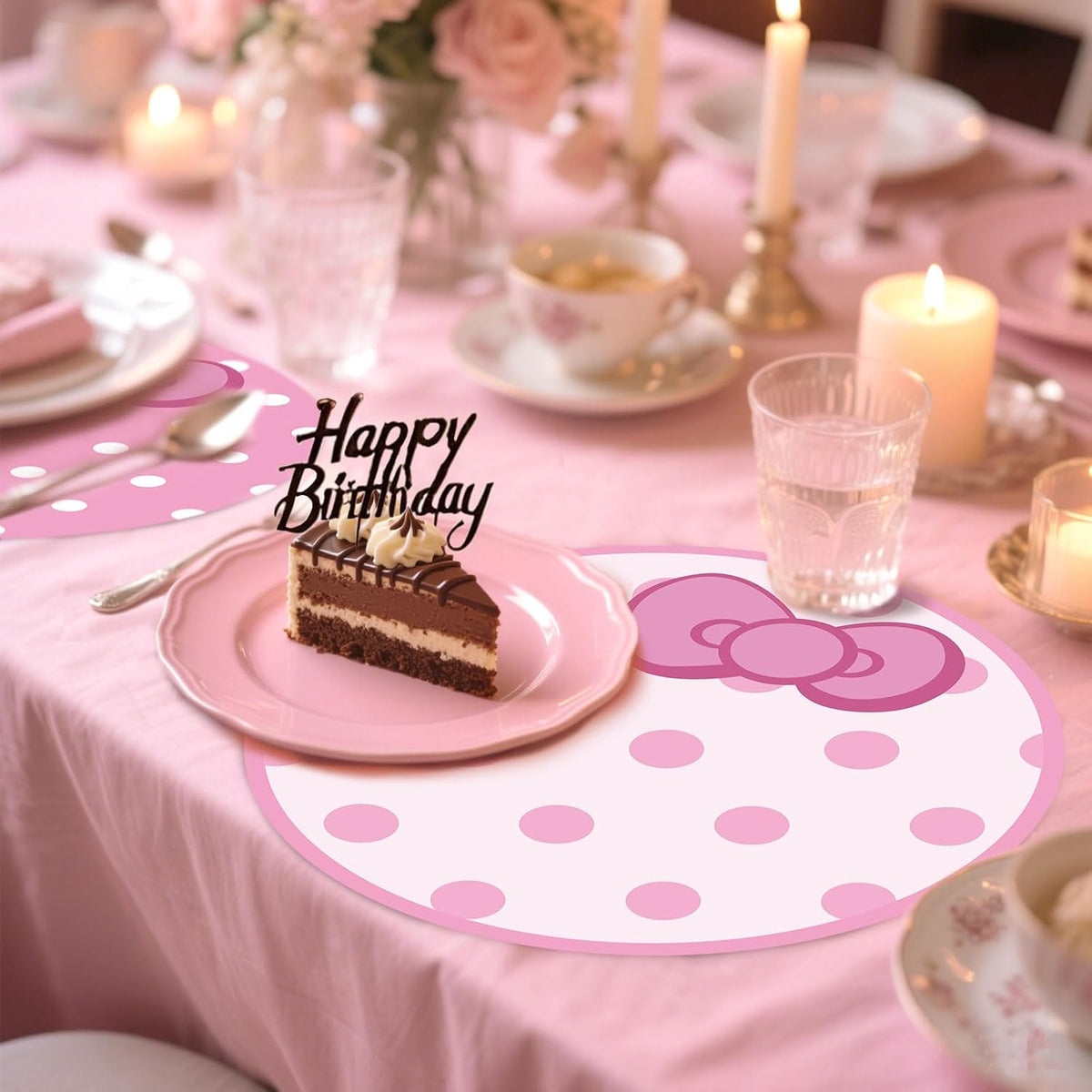 50 Pack Disposable Polka Dots Cute Bow Pink Round Paper Place Mats