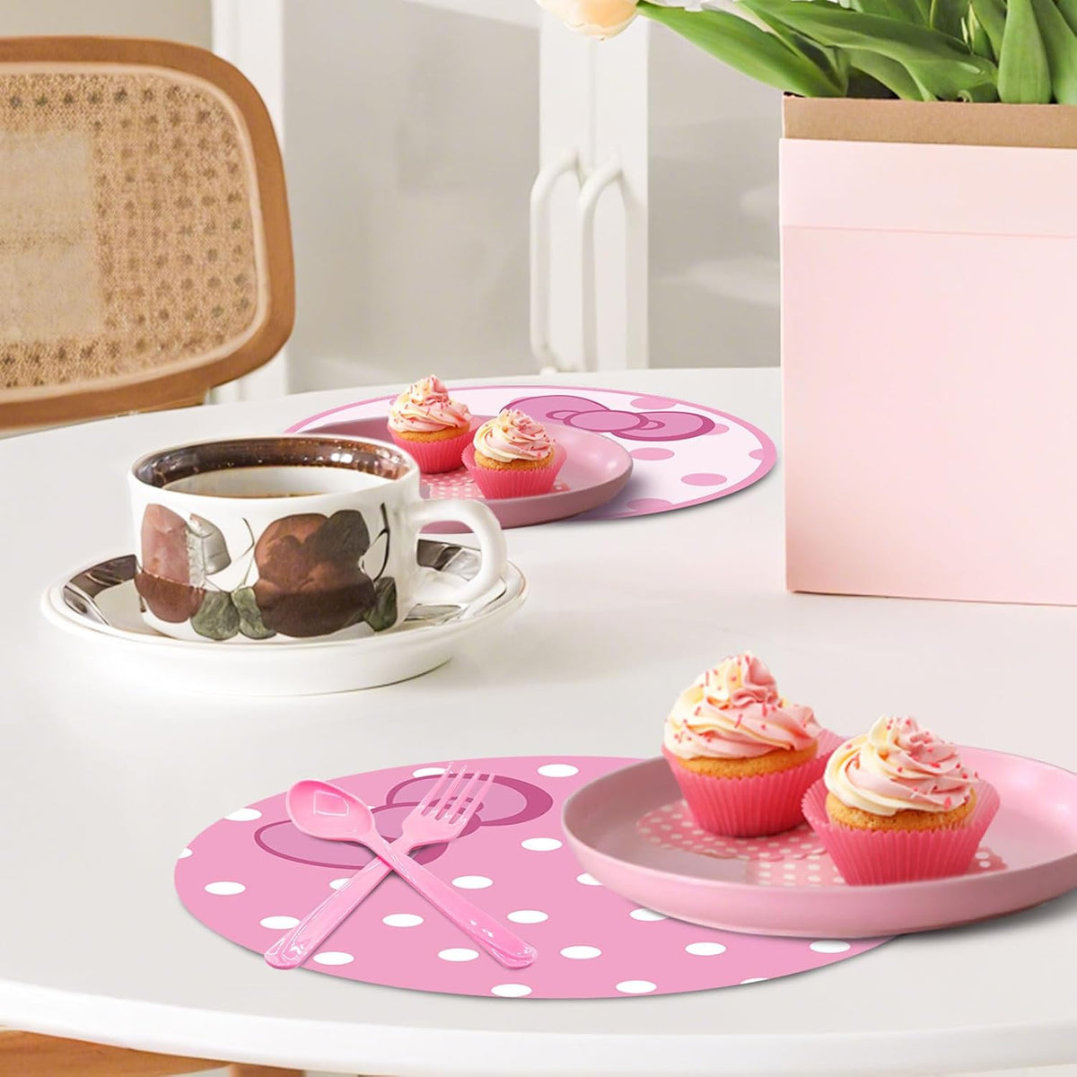 50 Pack Disposable Polka Dots Cute Bow Pink Round Paper Place Mats
