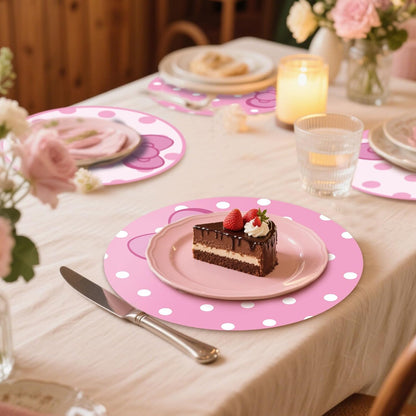 50 Pack Disposable Polka Dots Cute Bow Pink Round Paper Place Mats