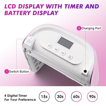 Professional Cordless Rechargeable UV LED Nail Lamp with 4 Timer Setting and 126W High Power Quick Drying Nail Dryer (Plating Pink)