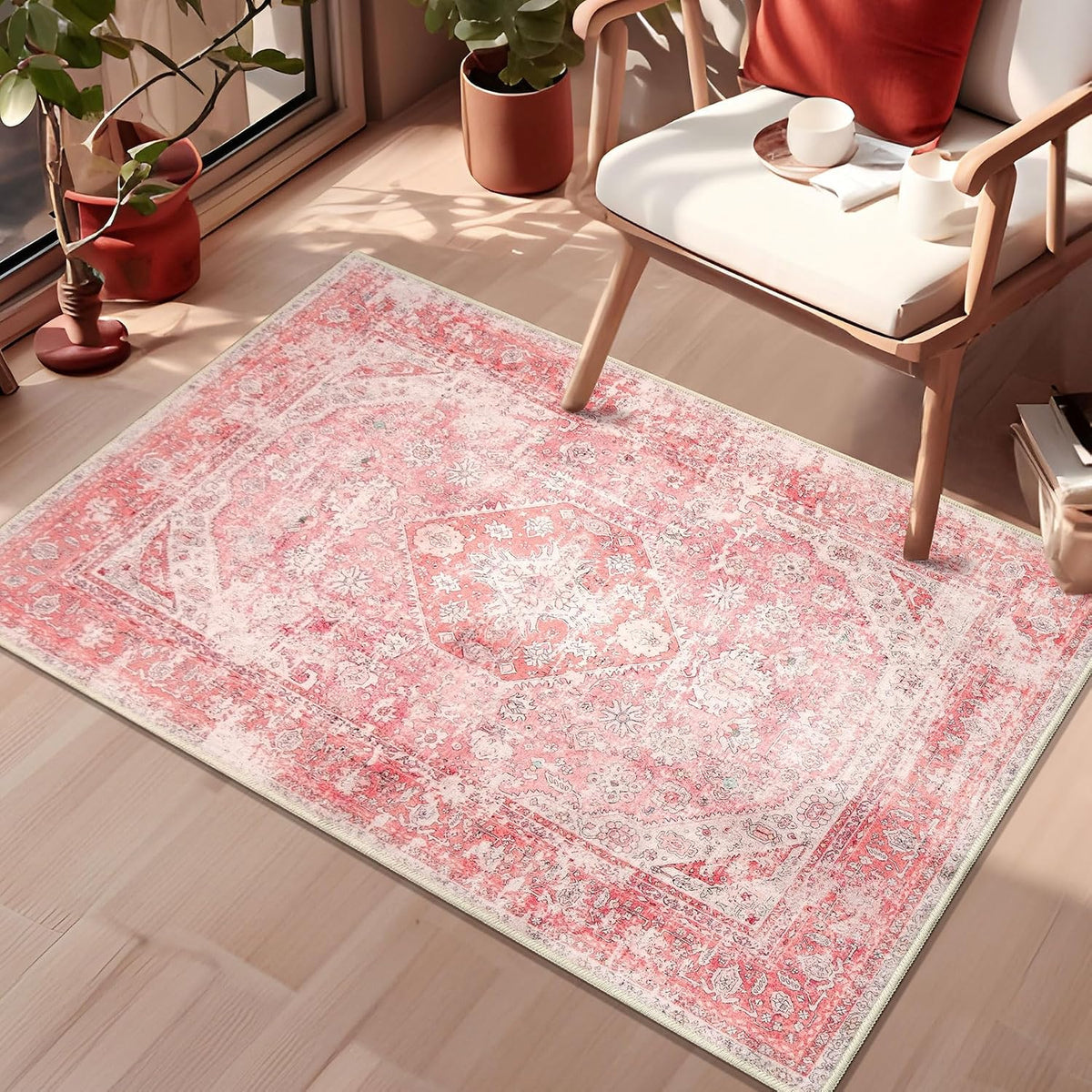 Pink Rug Small Washable Area Rugs Low Pile Non Slip Floral 2x3