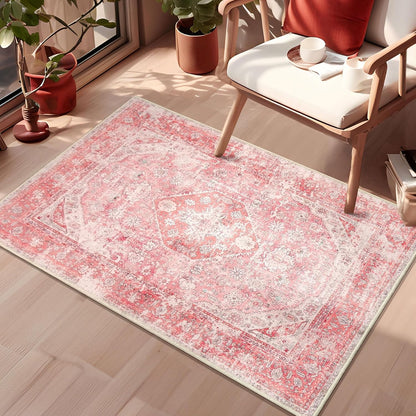 Pink Rug Small Washable Area Rugs Low Pile Non Slip Floral 2x3