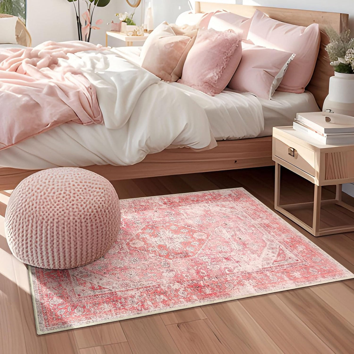 Pink Rug Small Washable Area Rugs Low Pile Non Slip Floral 2x3