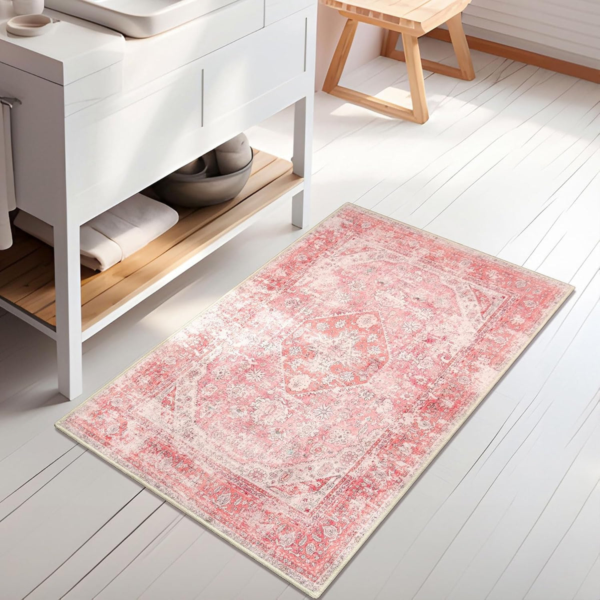 Pink Rug Small Washable Area Rugs Low Pile Non Slip Floral 2x3
