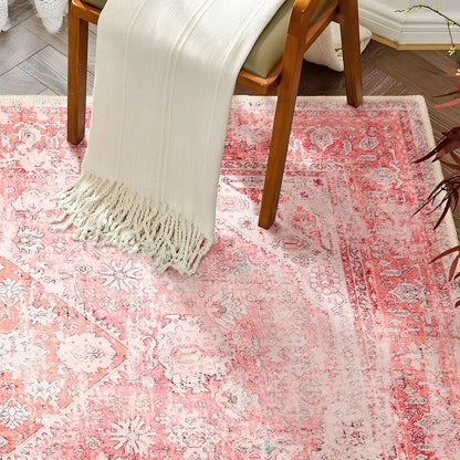 Pink Rug Small Washable Area Rugs Low Pile Non Slip Floral 2x3