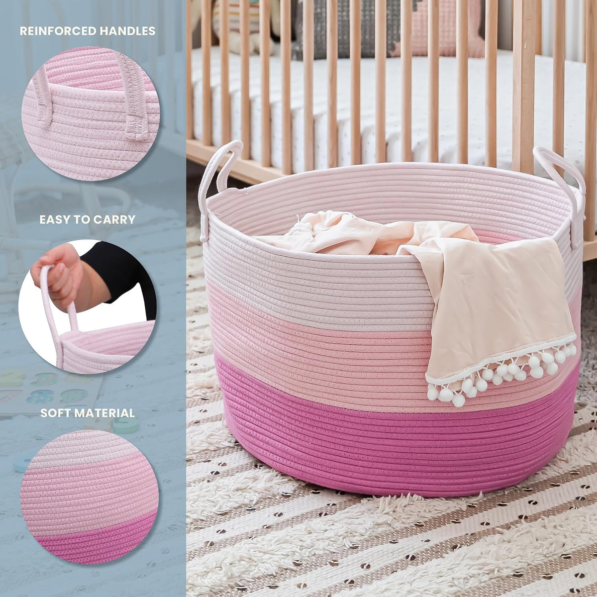 Round Toy Basket & Blanket Basket, Cotton Rope 20x13"