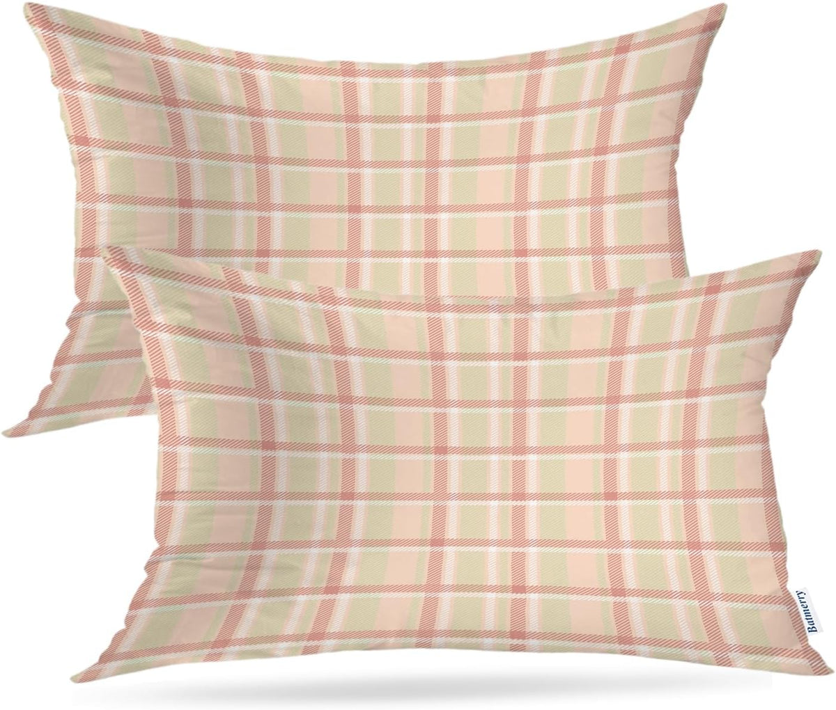 Pastel Coral Peach Throw Pillow Covers, Pink Tartan Plaid Abstract Apricot Decorative Pillow Covers Digital Printing Blended for Couch Sofa Bed Invisible Zipper 12X20 in(Set of 2)