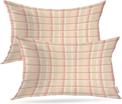 Pastel Coral Peach Throw Pillow Covers, Pink Tartan Plaid Abstract Apricot Decorative Pillow Covers Digital Printing Blended for Couch Sofa Bed Invisible Zipper 12X20 in(Set of 2)